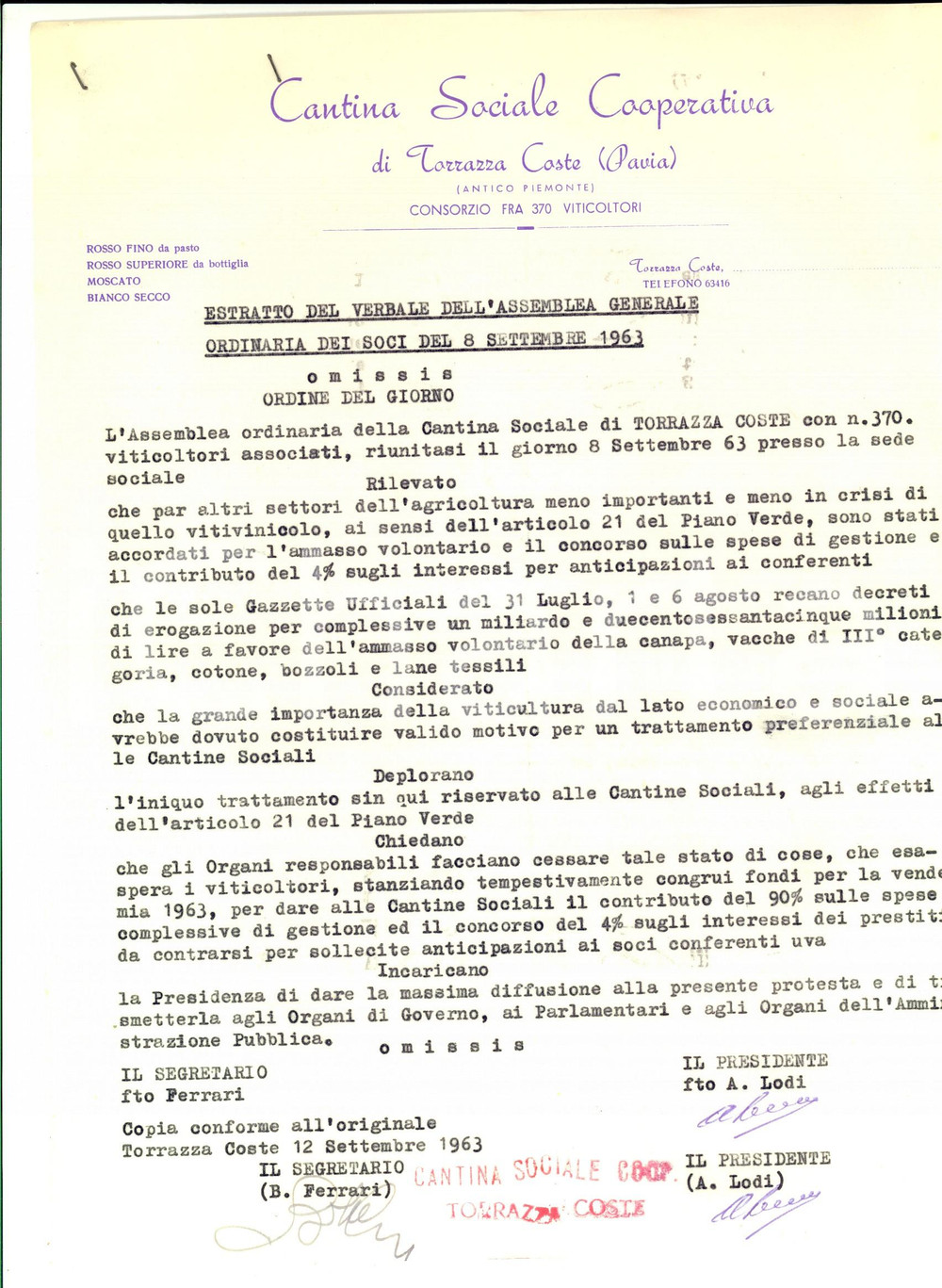 Documento originale, autentico 1963 TORRAZZA COSTE PV CANTINA SOCIALE COOPERATIVA contro iniqui trattamenti 1