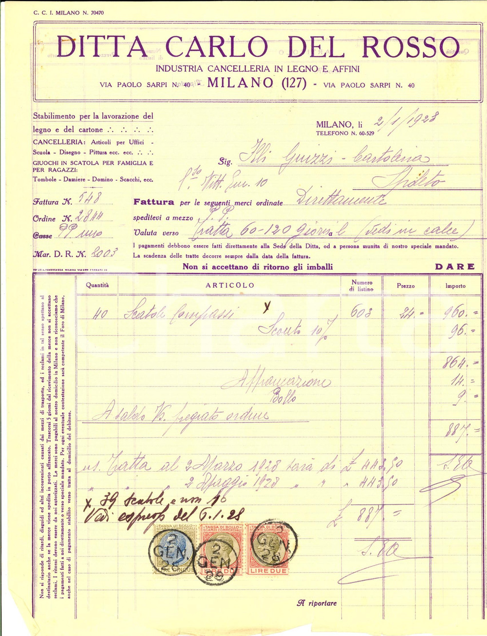 Documento originale, autentico 1928 MILANO Ditta Carlo DEL ROSSO Cancelleria in legno Fattura intestata 1