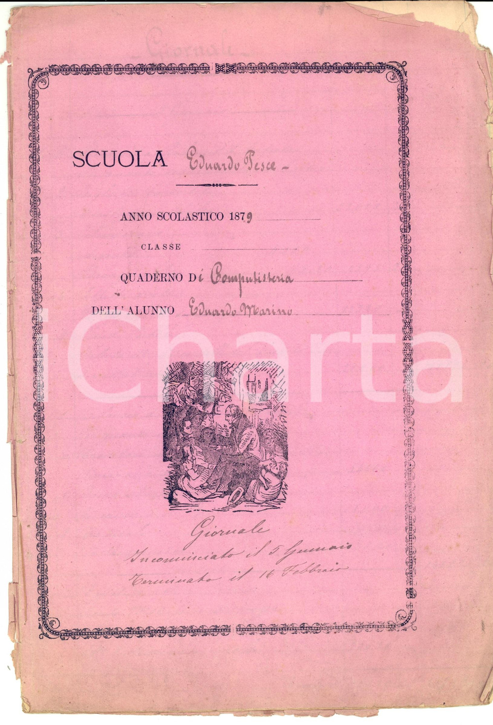 Oggetto da collezione cartaceo 1879 NAPOLI Scuola Eduardo PESCE Quaderno computistica di Eduardo MARINO 1