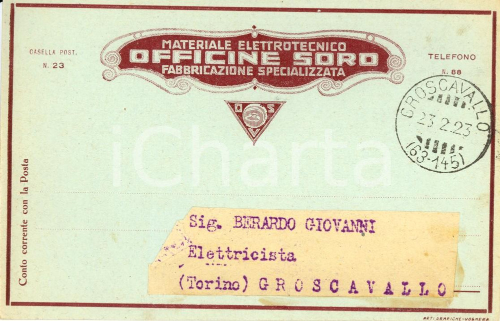 Cartolina originale da collezione 1923 GROSCAVALLO TO Officine SORO  Materiale elettrotecnico Intestata FP VG 1