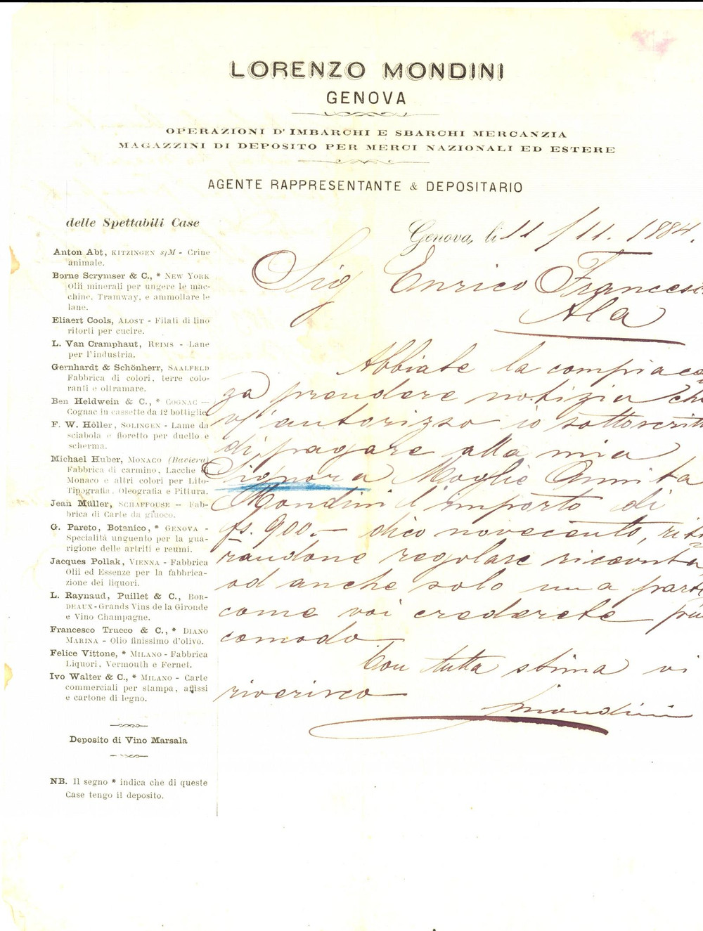 Documento originale, autentico 1884 GENOVA Lettera Lorenzo MONDINI agente imbarchi e sbarchi mercanzia 1