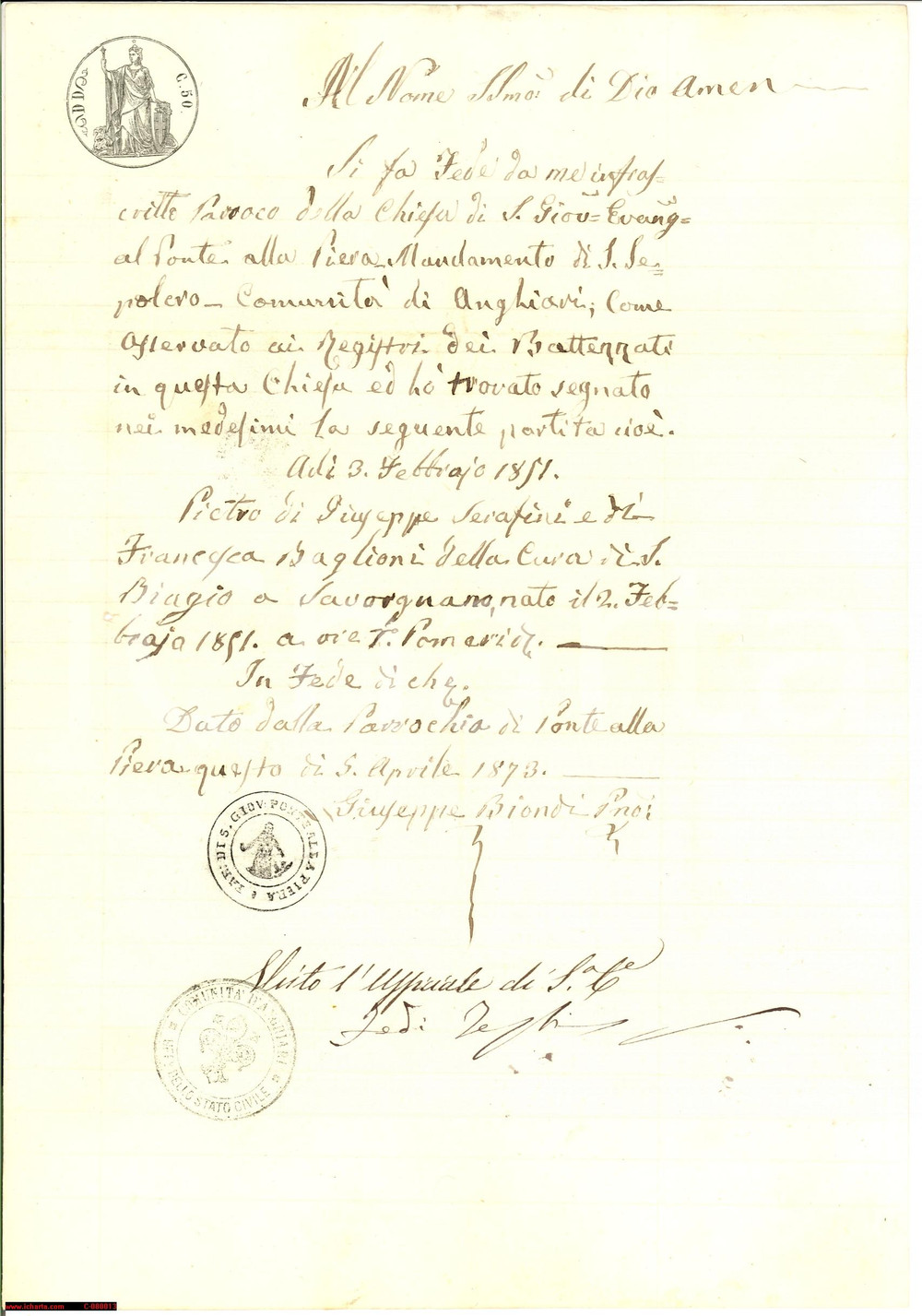 Documento originale, autentico 1873 PONTE ALLA PIERA AR Battesimo Pietro SERAFINI 1
