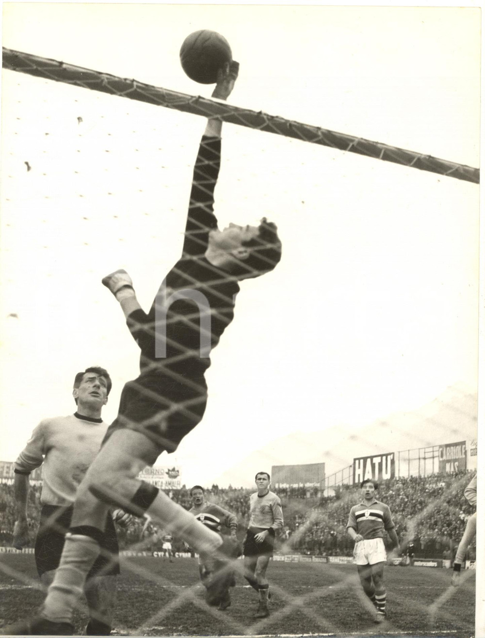 1960 ca CALCIO PALERMO-SAMPDORIA Respinta di Carlo MATTREL sopra la traversa   Fotografia d'epoca, con didascalia coeva al verso.  CONDIZIONI: GFORMATO: 18x24 cm     originale e autentica 1