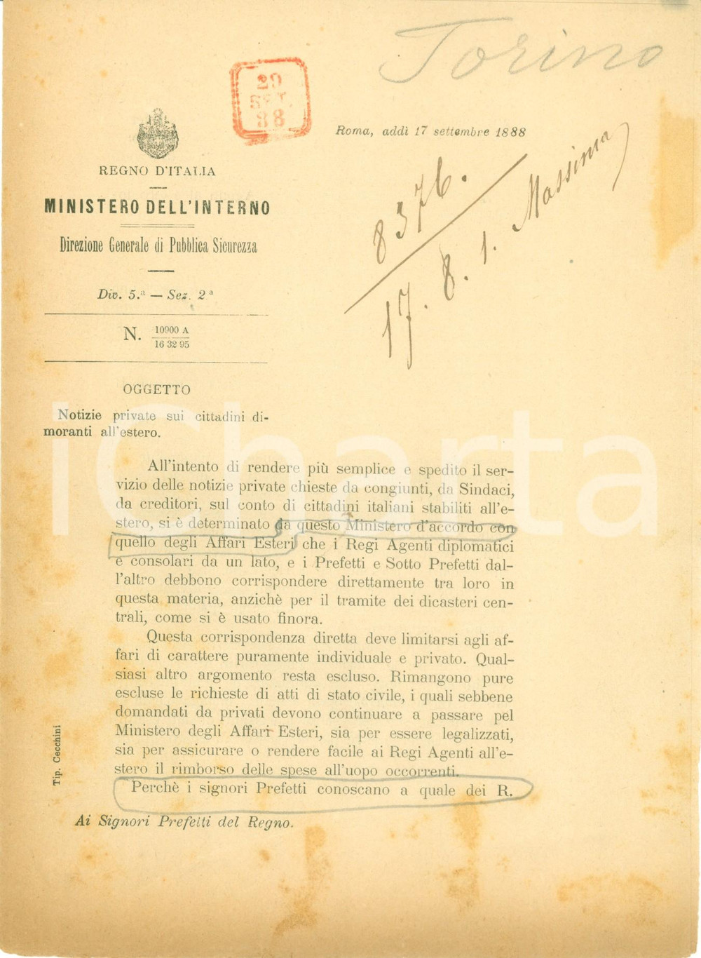 Documento originale, autentico 1888 ROMA Nuove norme per le ricerche su Italiani all estero Documento 1
