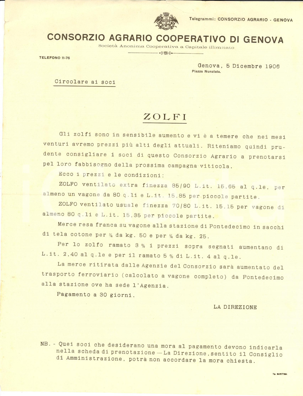 Manoscritto, lettera originale 1906 GENOVA Consorzio Agrario Cooperativo  Prenotazione zolfo ventilato 1