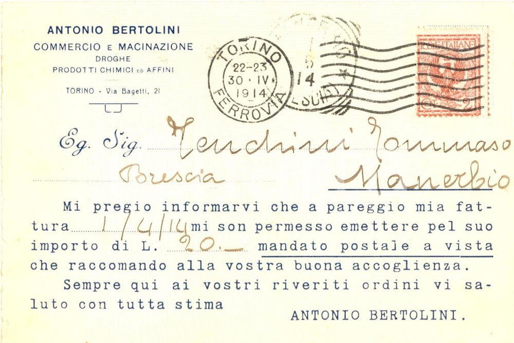 Cartolina originale da collezione 1914 TORINO Antonio BERTOLINI Commercio e macinazione droghe *Cartolina FP VG 1