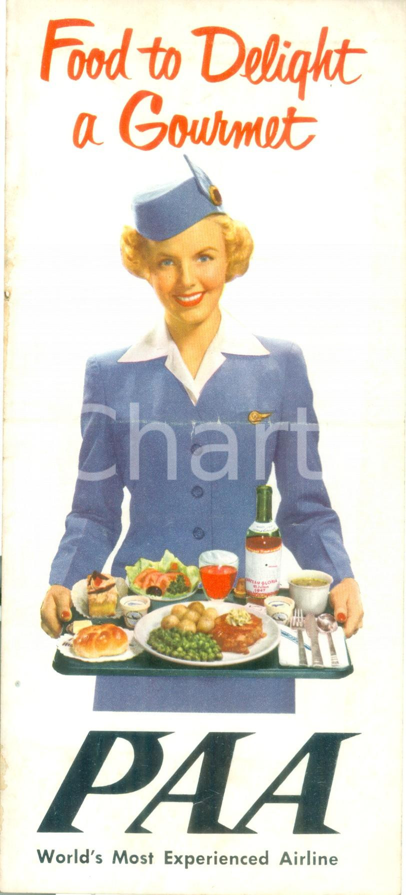 Materiale pubblicitario d’epoca 1960 ca PAN AMERICAN AIRLINES PAA Food to Delight a Gourmet Opuscolo ILLUSTRATO 1