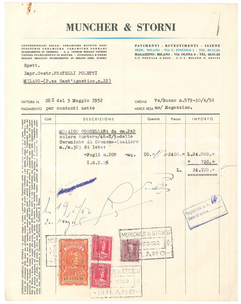 Documento originale, autentico 1952 MILANO Via Foscolo 1  MUNCHER & STORNI ceramiche Fattura mosaico 1