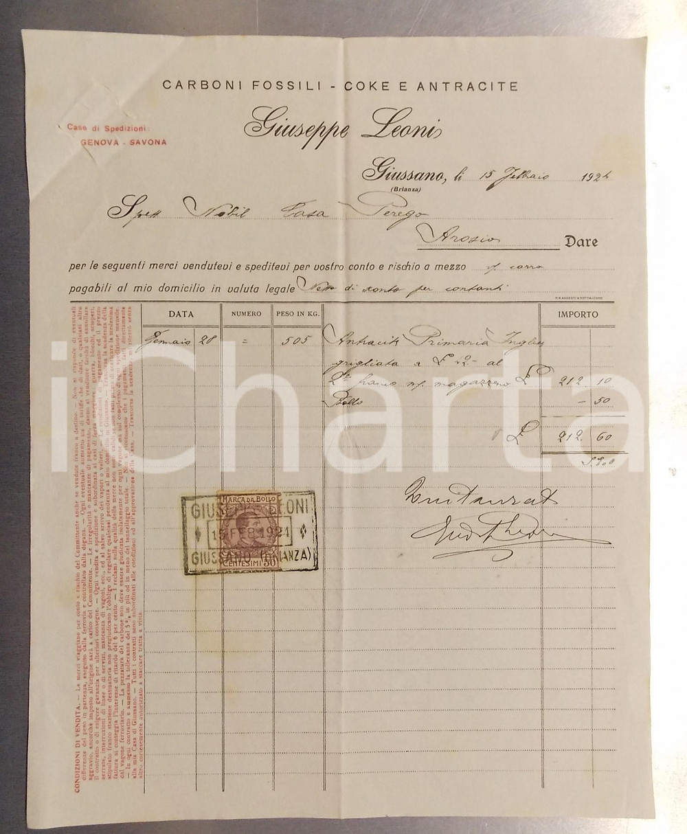 Documento originale, autentico 1924 GIUSSANO MB Giuseppe LEONI  Carboni fossili  Fattura intestata 1