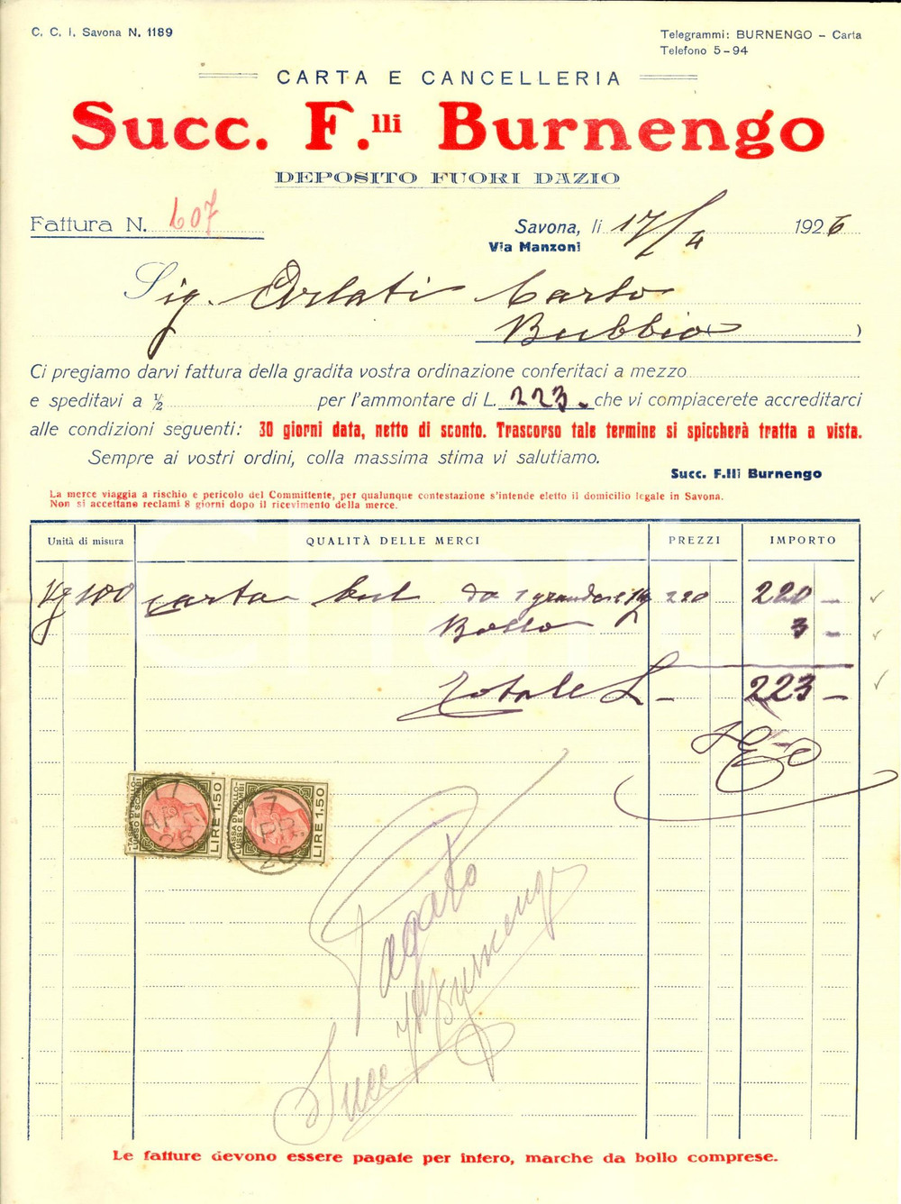 Documento originale, autentico 1926 SAVONA Successori FRATELLI BURNENGO  Carta e cancelleria Fattura intestata 1