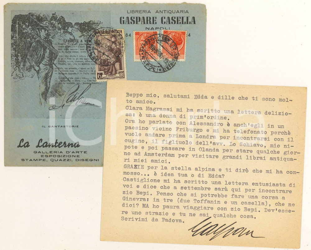 1957 NAPOLI Libraio Gaspare CASELLA - Biglietto a un amico - Autografo Biglietto dattiloscritto, con firma autografa, del celebre editore e libraio Gaspare Casella, di contenuto personale.Biglietto e busta intestati con illustrazione dei "Sonetti" di Salvatore Di Giacomo; la busta &egrave; viaggiata. FAIR/discreto piegature angolari  originale e autentica 1