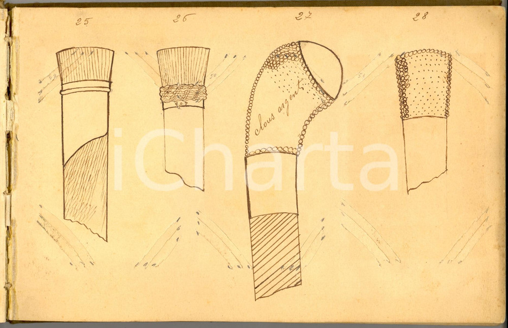 Stampa, bozzetto originale 1900 ca FRANCIA Album con bozzetti bastoni da passeggio  Disegni a MANO RARO 1