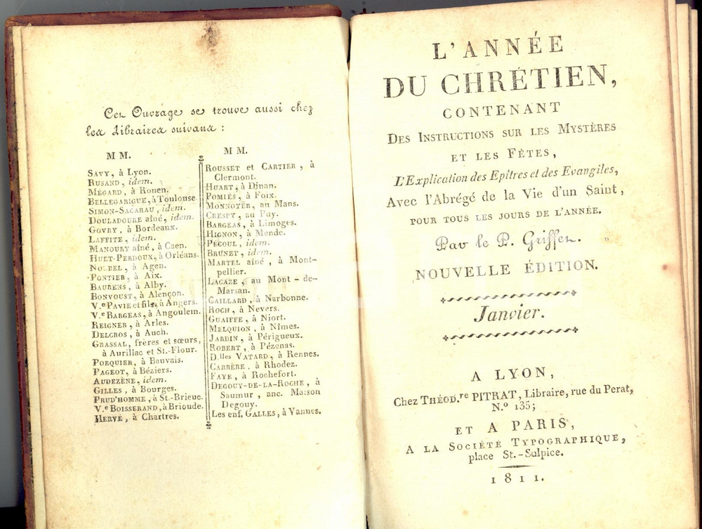 Libro, pubblicazione d'epoca 1811 Henri GRIFFET L'ANNEE DU CHRETIEN - Janvier *Ed. PITRAT - LYON 1