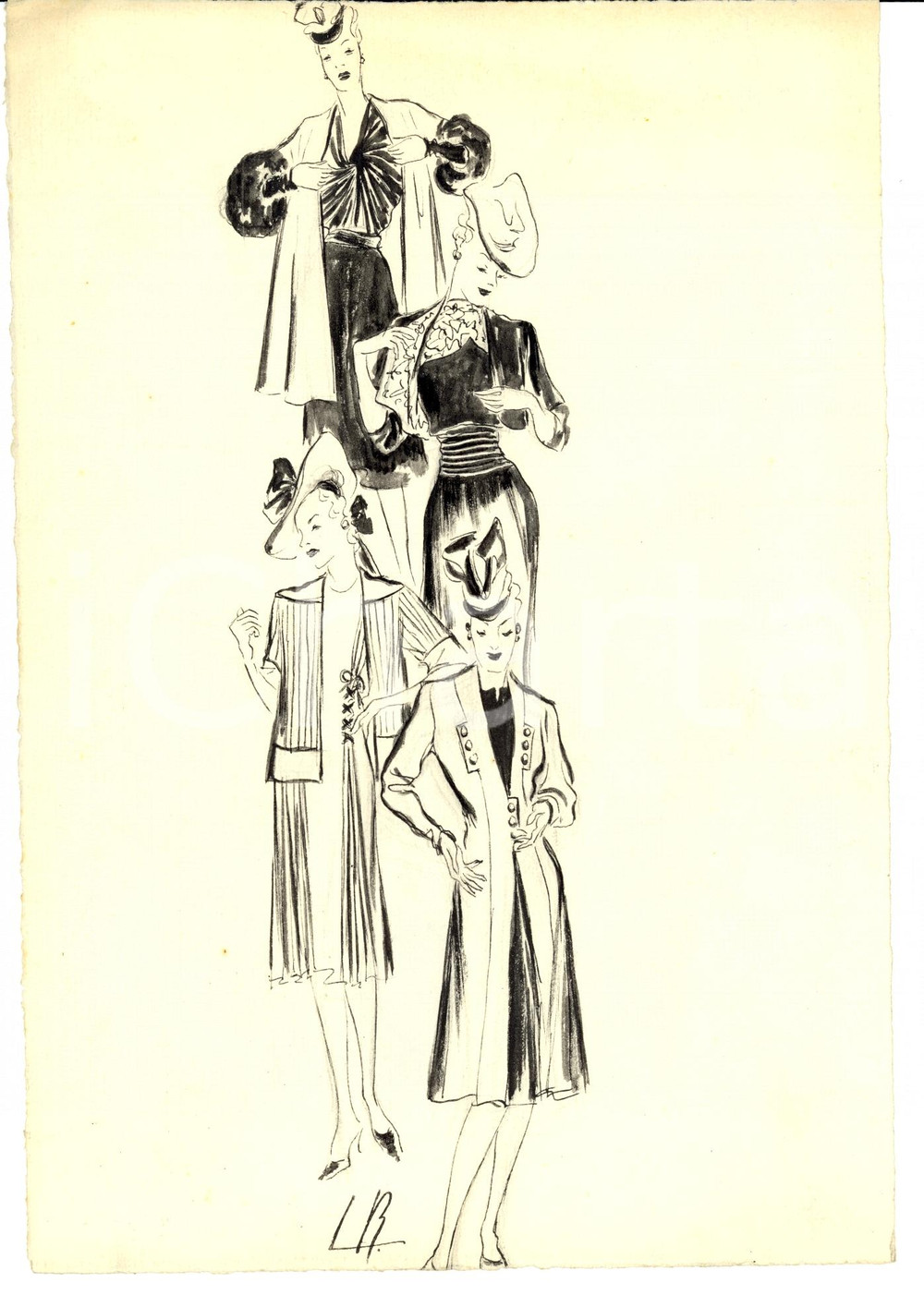 Stampa, bozzetto originale 1939 Moda donna ANNI  30 Soprabiti eleganti AUTOGRAFO 1