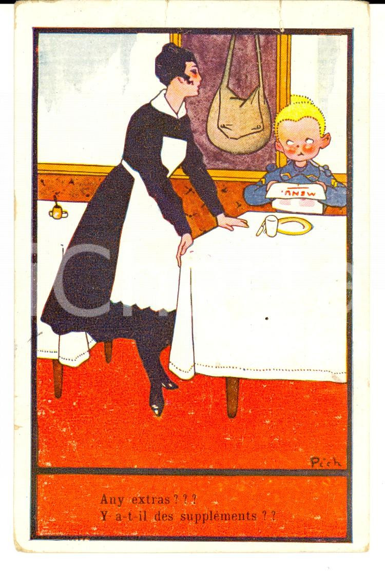 Cartolina originale da collezione 1918 Un militare a tavola *Cartolina UMORISTICA ill. PICH FP VG SÃ©rie LAFAYETTE 1