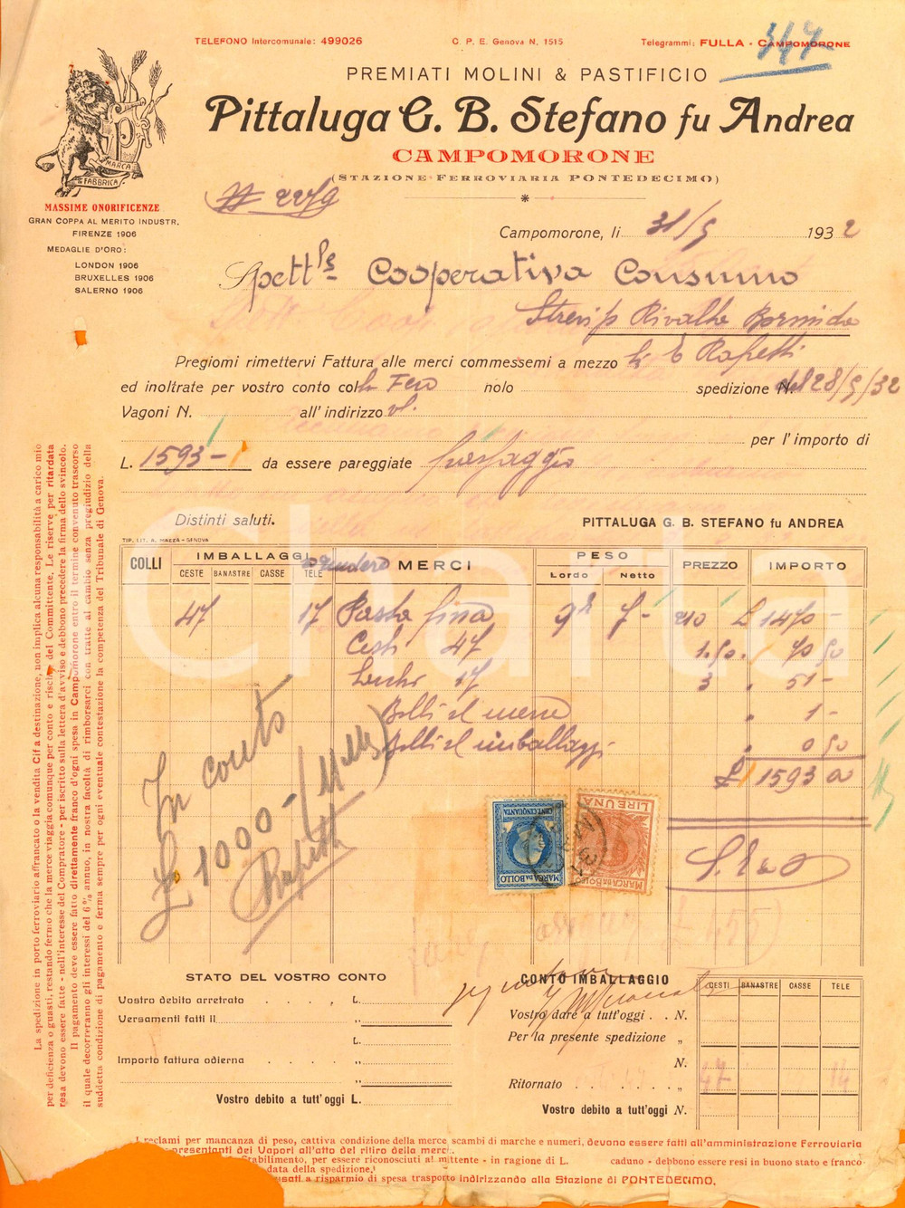 Documento originale, autentico 1932 CAMPOMORONE GE Molini & Pastificio  PITTALUGA G.B. STEFANO DANNEGGIATA 1