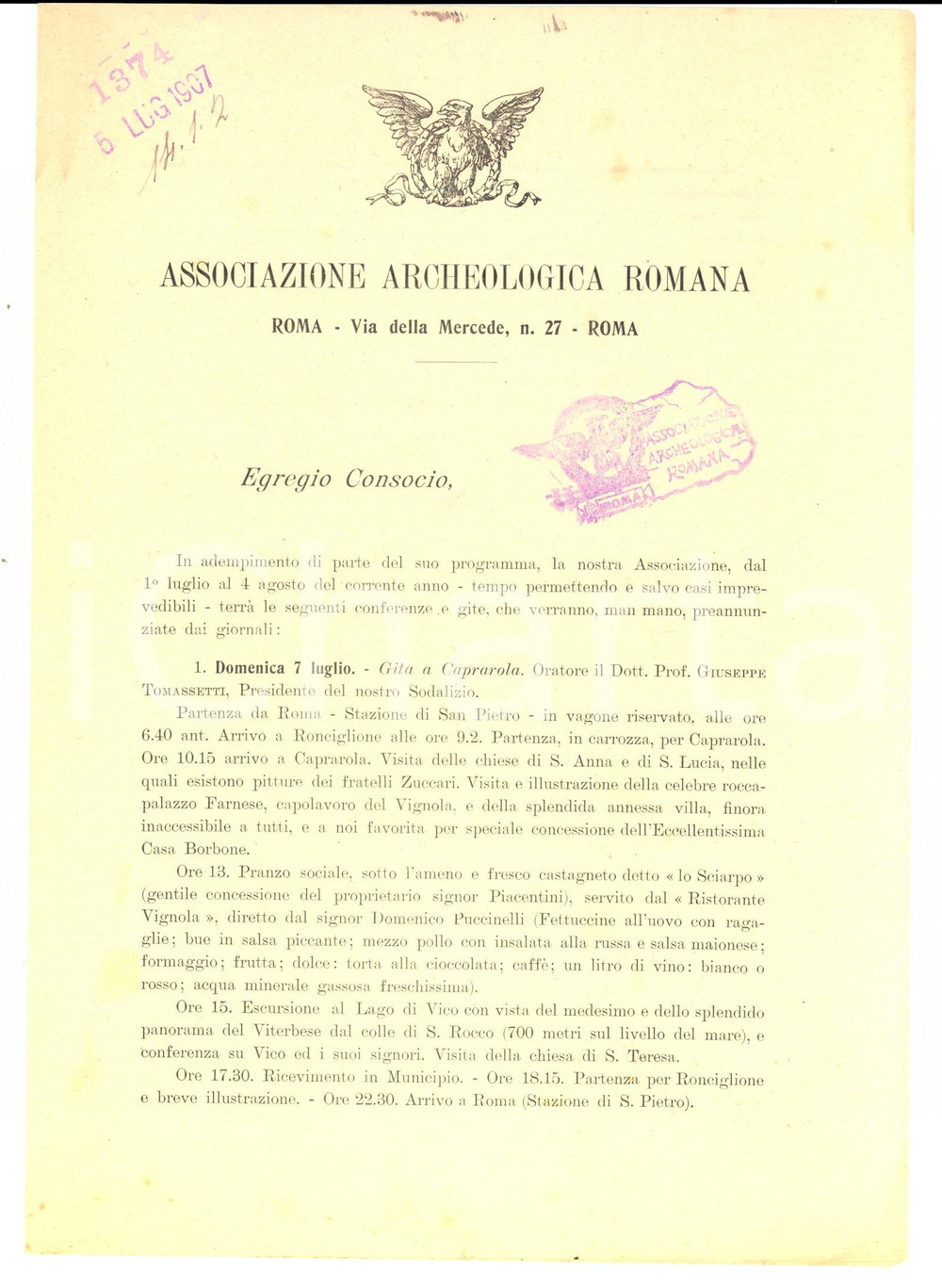 Documento originale, autentico 1907 ROMA Conferenze e gite dell'ASSOCIAZIONE ARCHEOLOGICA ROMANA *Programma 1