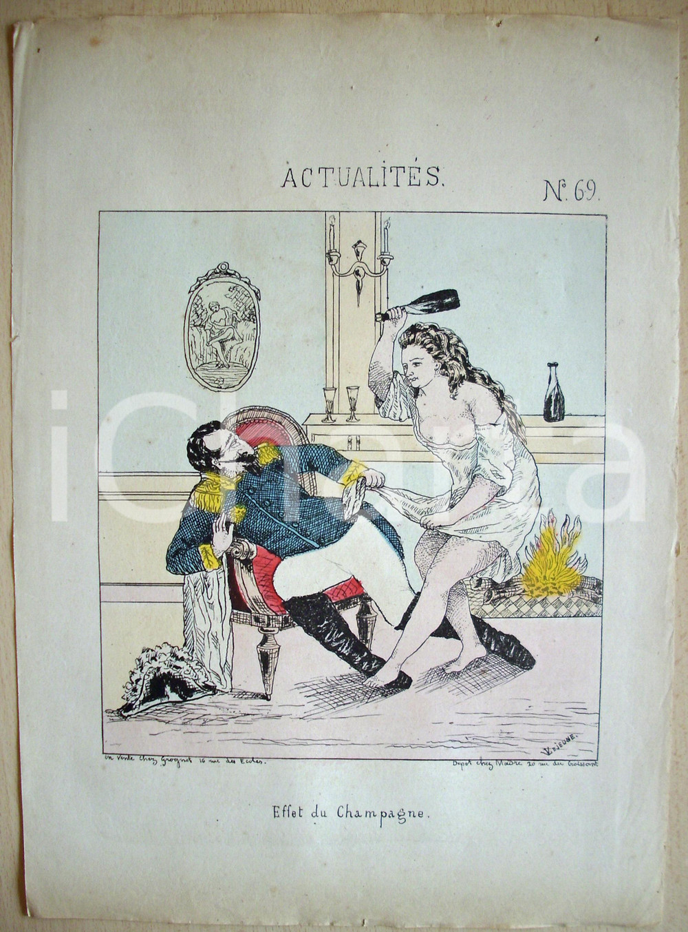 Stampa, bozzetto originale 1871 Caricatura EFFET DU CHAMPAGNE Illustr. V. LEJEUNE 1