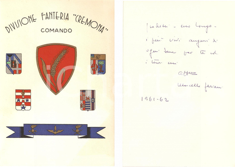 Oggetto da collezione cartaceo 1961 Biglietto augurale DIVISIONE FANTERIA CREMONA  Comando 1