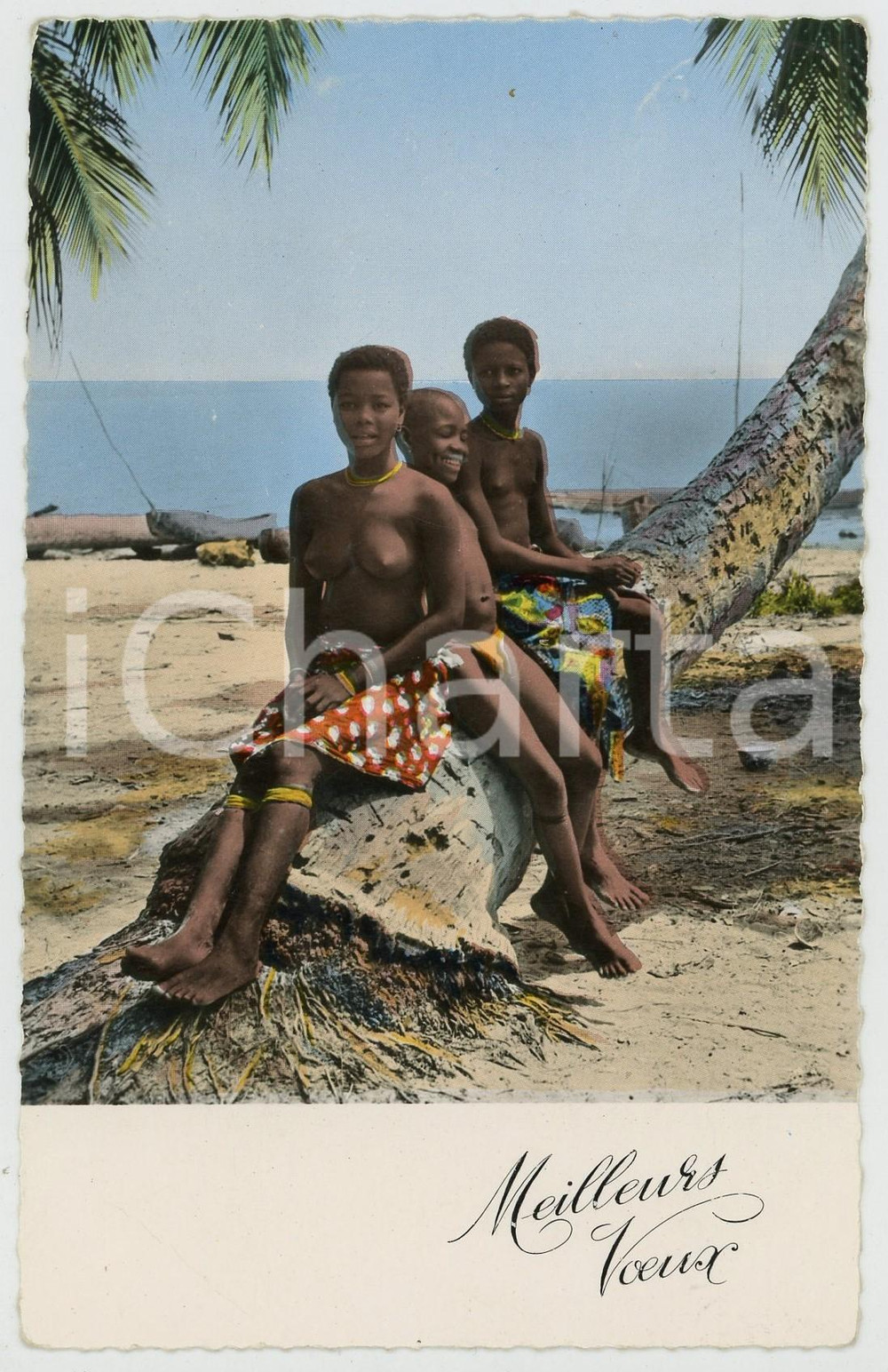 1960 CONGO BELGE Meilleurs voeux - Femmes africaines NU ETHNIQUE Carte postale  Cartolina postale d'epoca, viaggiata.CONDIZIONI: POOR (profonde piegature agli angoli inferiori)FORMATO: FP    originale e autentica 1