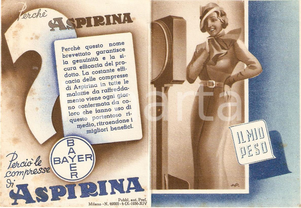Materiale pubblicitario d’epoca 1936 MILANO Bayer ASPIRINA Tabelle di peso *Biglietto illustrato 1