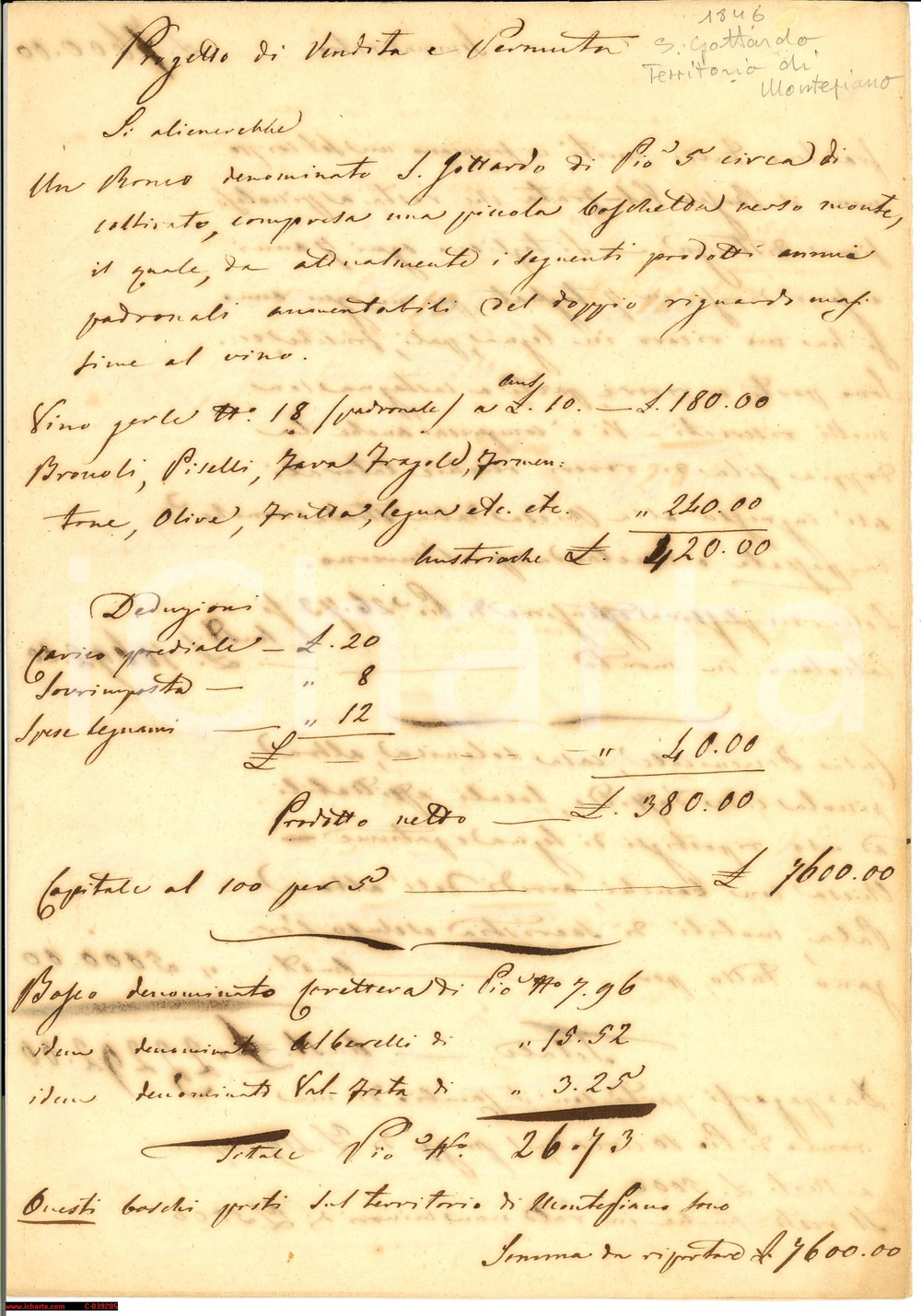 Documento originale, autentico 1846 MOMPIANO (BS) Progetto vendita e permuta 'ronchi' 1