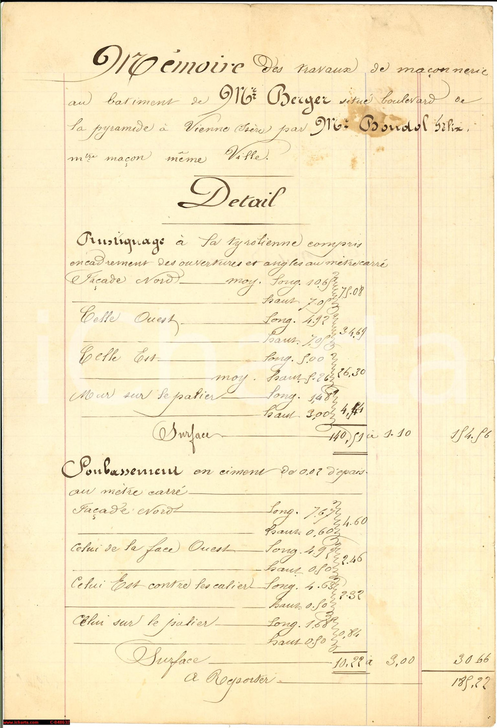 Documento originale, autentico 1873 VIENNE France Travaux de maÃ§onnerie Felix BOUDOL 1