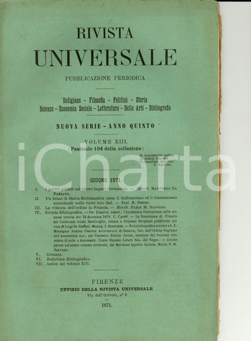 Giornale, rivista storica 1871 RIVISTA UNIVERSALE Ritorno all'ordine dopo il 1848 *Rivista Anno V nÂ° 104 1