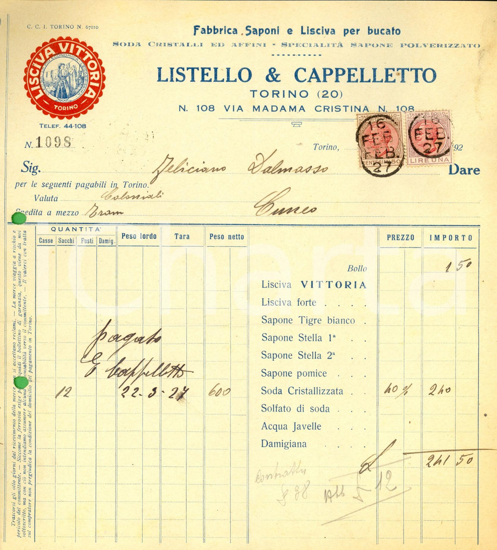 Documento originale, autentico 1927 TORINO Fabbrica saponi e lisciva LISTELLO & CAPPELLETTO *Fattura intestata 1