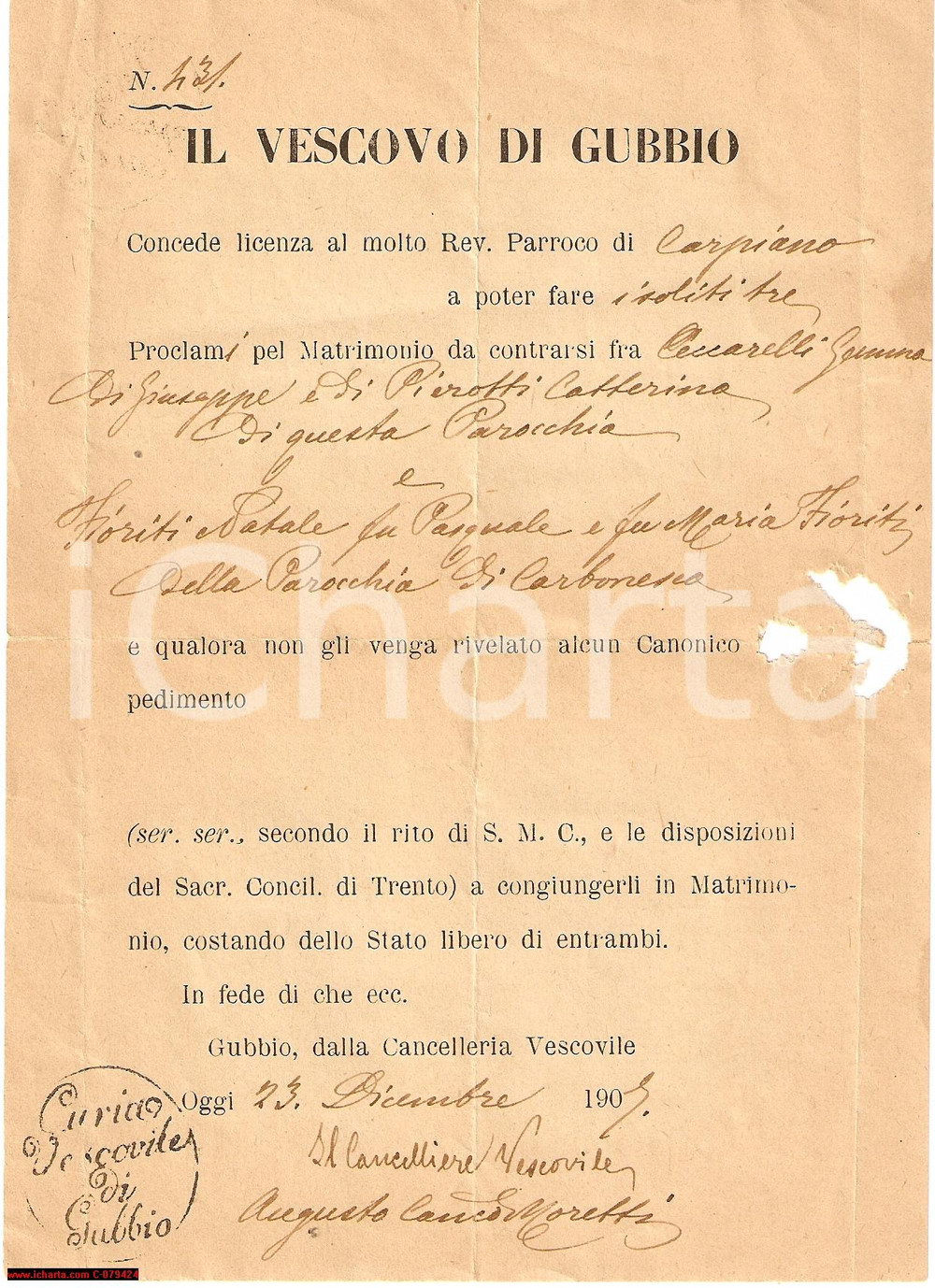 Documento originale, autentico 1907 CARPIANO PG Matrimonio CECCARELLI  PIEROTTI 1