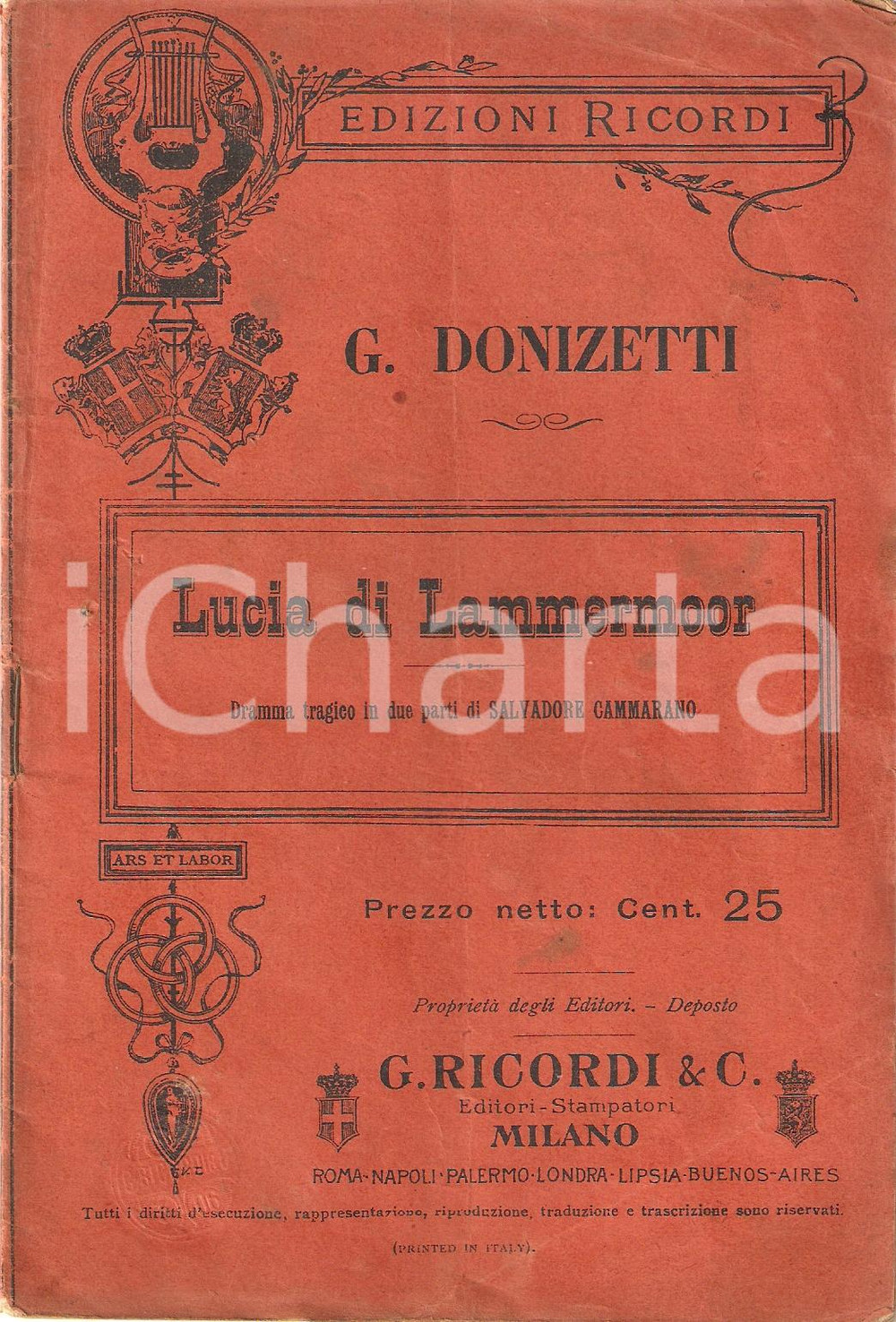 Oggetto da collezione cartaceo 1906 Salvadore CAMMARANO Lucia di Lammermoor Gaetano DONIZETTI *Edizioni RICORDI 1