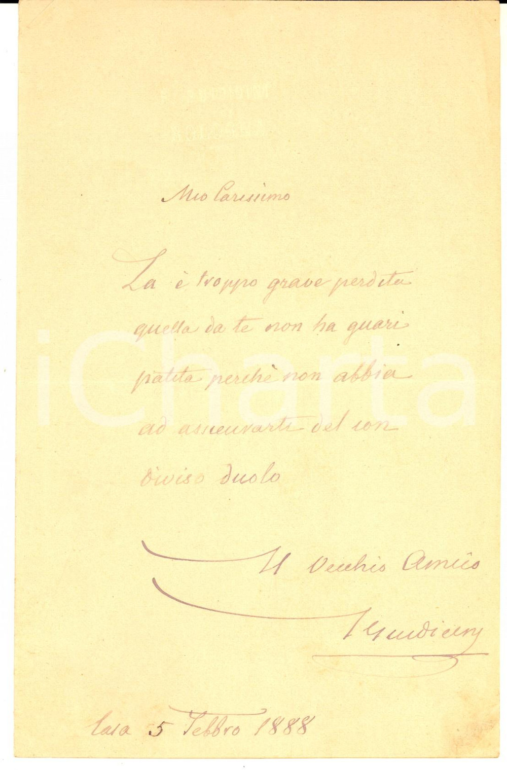 Autografo originale 1888 BOLOGNA Lettera Ferdinando GUIDICINI editore per condoglianze  Autografo 1