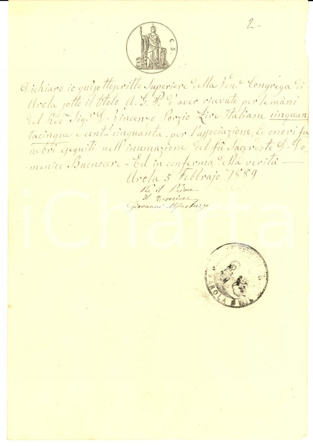 Documento originale, autentico 1889 AROLA (NA) Inumazione di don Domenico BUONOCORE sacerdote 1