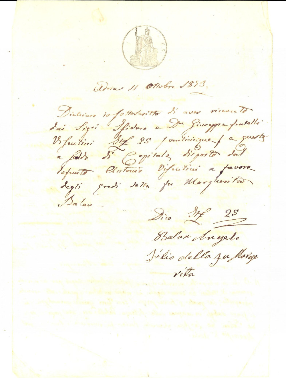 Documento originale, autentico 1873 ADRIA RO Isidoro VISENTINI versa legato a eredi Margherita BALAN 1