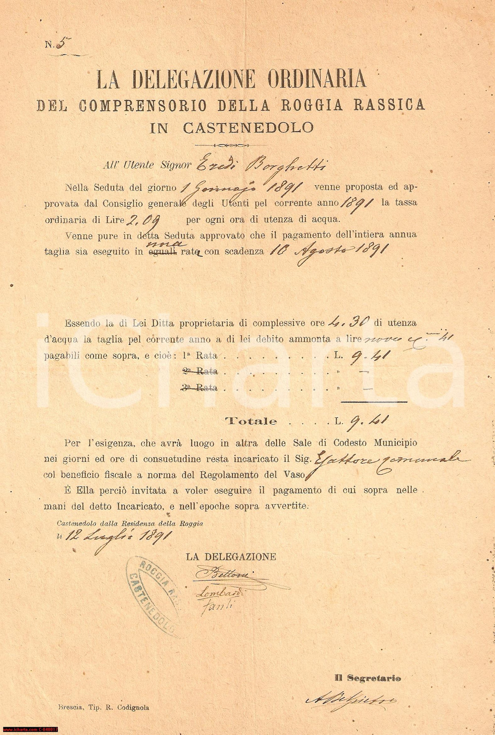 Documento originale, autentico 1891 CASTENEDOLO BS Eredi BORGHETTI contributo utilizzo ROGGIA RASSICA 1