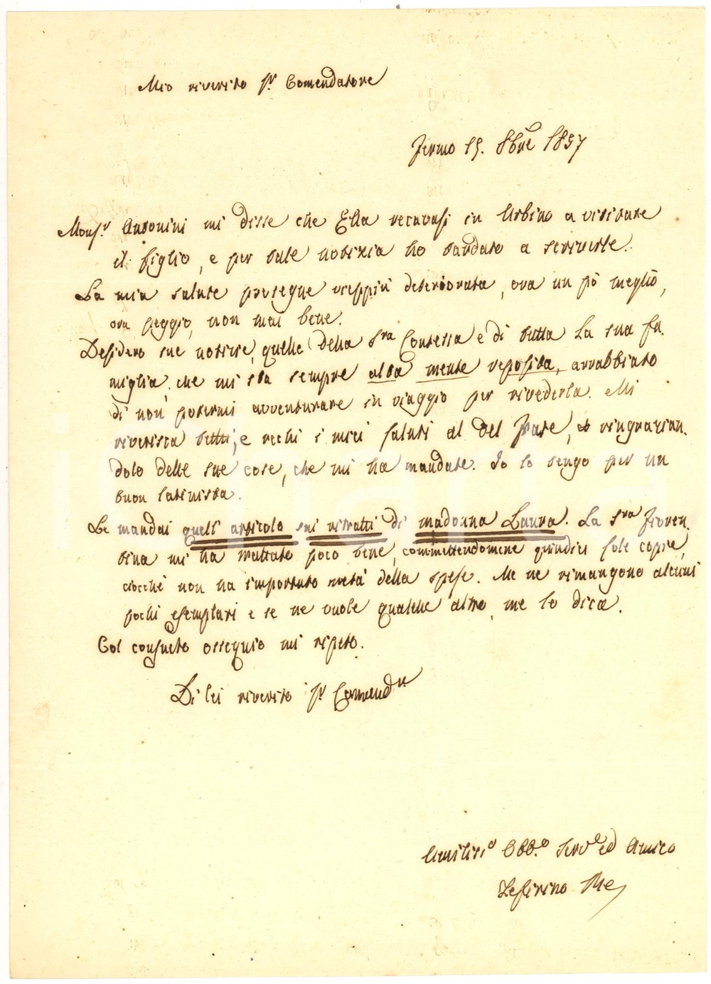 Manoscritto, lettera originale 1857 FERMO Zeffirino RE scrive articolo sui ritratti di madonna Laura *Autografo 1