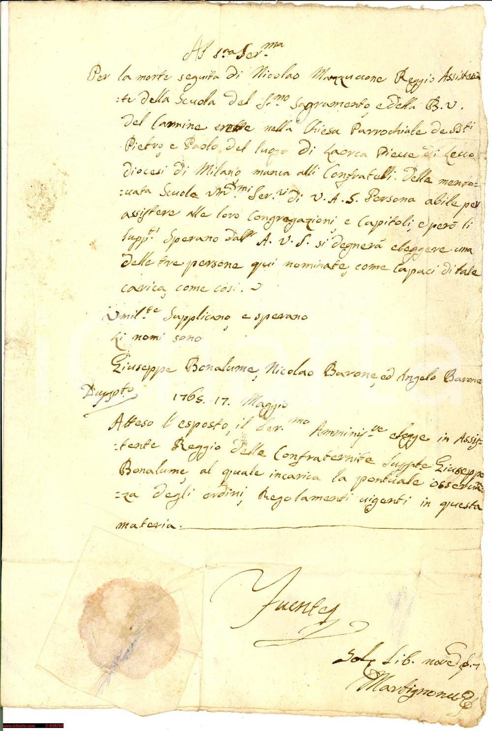 Documento originale, autentico 1765 LAORCA LC Regi Assistenti scuola SS. MO SACRAMENTO 1