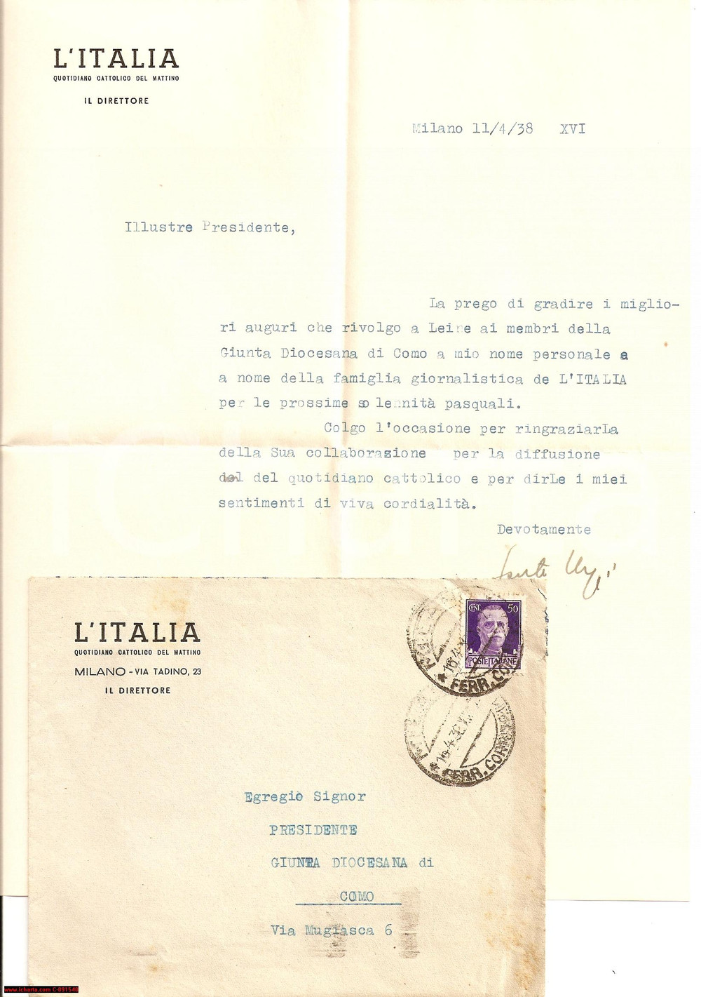 Autografo originale 1938 MILANO Auguri di Pasqua SANTE MAGGI AUTOGRAFO 1
