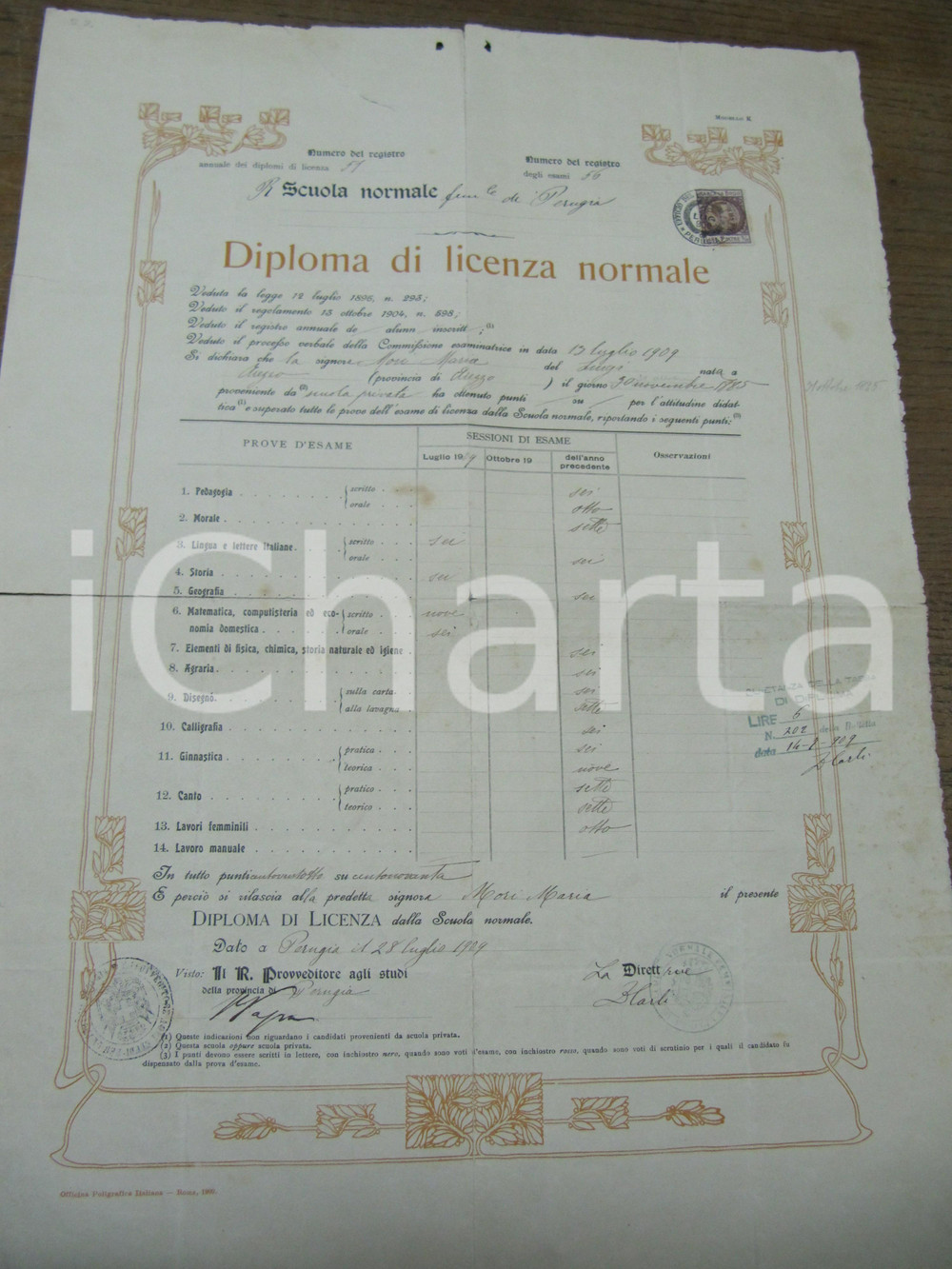 Oggetto da collezione cartaceo 1909 PERUGIA diploma licenza Scuola Normale Femminile 1