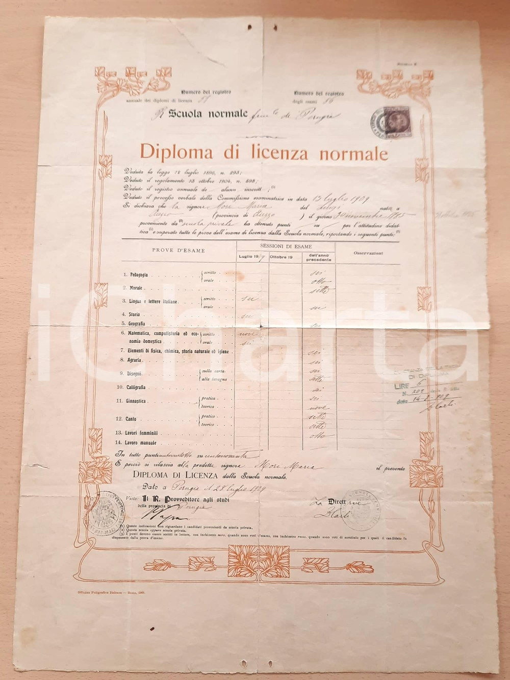 Oggetto da collezione cartaceo 1909 PERUGIA Scuola Normale Femminile  Diploma licenza normale 1