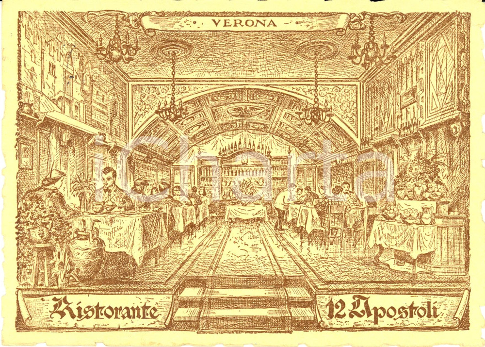 Cartolina originale da collezione 1972 VERONA Interno ristorante 12 APOSTOLI Pubblicitaria Ill. Ameglio TRIVELLA 1