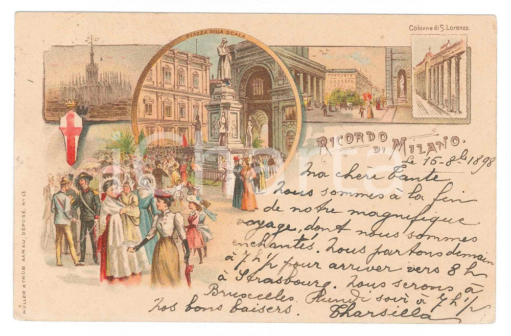 1898 MILANO Colonne di San Lorenzo - Piazza della Scala - Cartolina ILLUSTRATA  Cartolina d'epoca, viaggiata. FAIR/discreto Lievi smussature agli angoli Formato: 14x9 originale e autentica 1