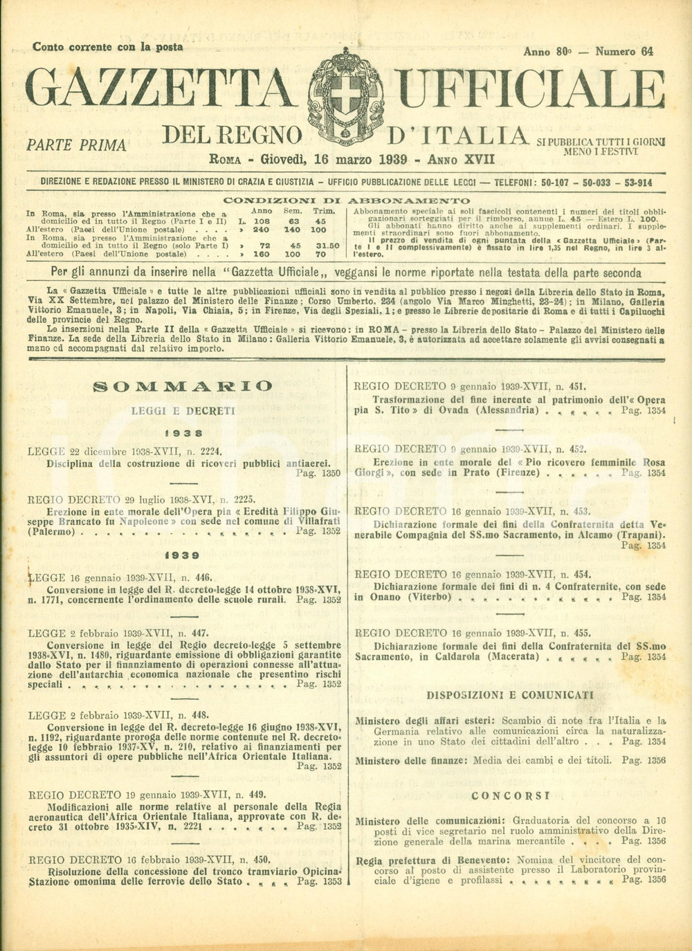 Documento originale, autentico 1939 GAZZETTA UFFICIALE Costruzione ricoveri pubblici antiaerei Decreto 1
