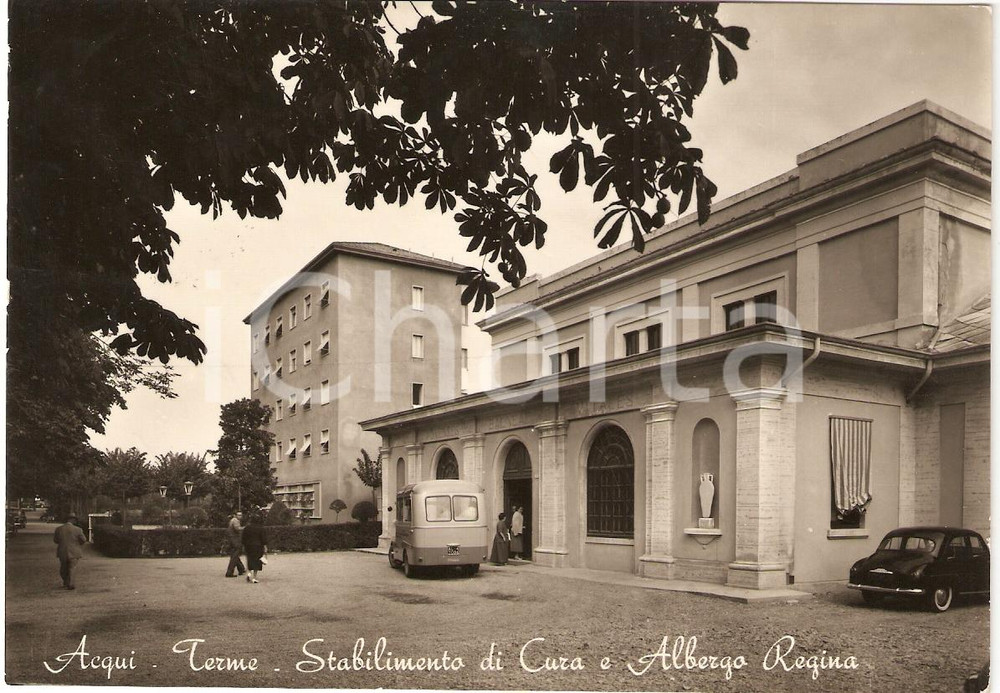 Cartolina originale da collezione 1955 ca ACQUI TERME (AL) Stabilimento di cura ALBERGO REGINA Animata FG VG 1
