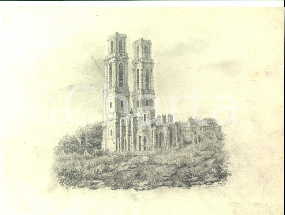Opera d’arte autentica 1960 ca Rovine di un'abbazia medievale *Bozzetto ORIGINALE A MATITA 28x21 cm 1