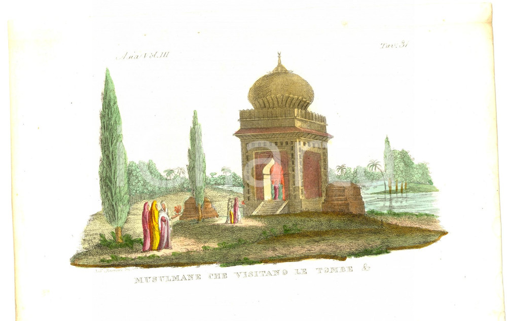 Stampa, bozzetto originale 1824 COSTUME ASIA Musulmane che visitano le tombe RARA 1