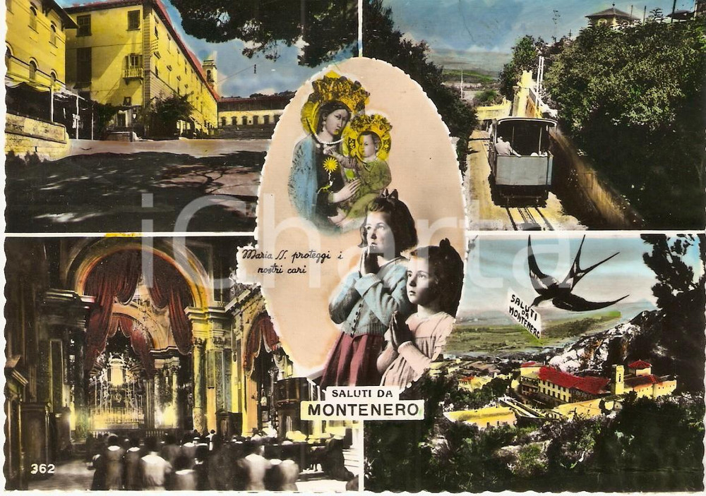 Cartolina originale da collezione 1950 ca LIVORNO Frazione MONTENERO Vedutine con funicolare e Santuario Cartolina 1