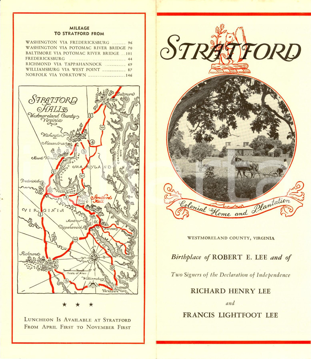 Materiale pubblicitario d’epoca 1960 ca WESTMORELAND COUNTY USA STRATFORD Hall Plantation Opuscolo con mappa 1
