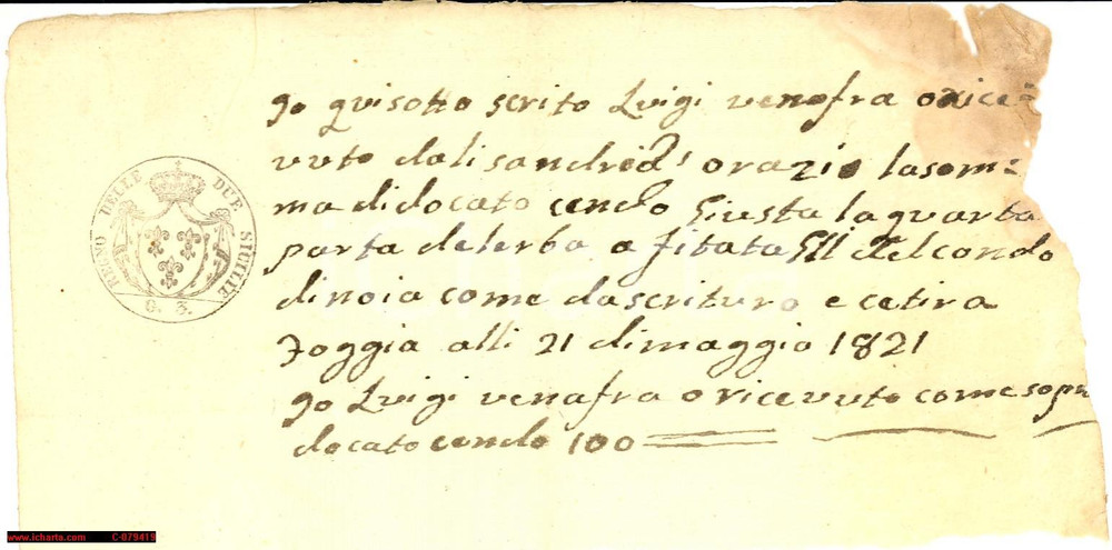 Manoscritto, lettera originale 1821 FOGGIA Alessandro D Orazio paga erba affittata Luigi VENAFRA Ricevuta 1