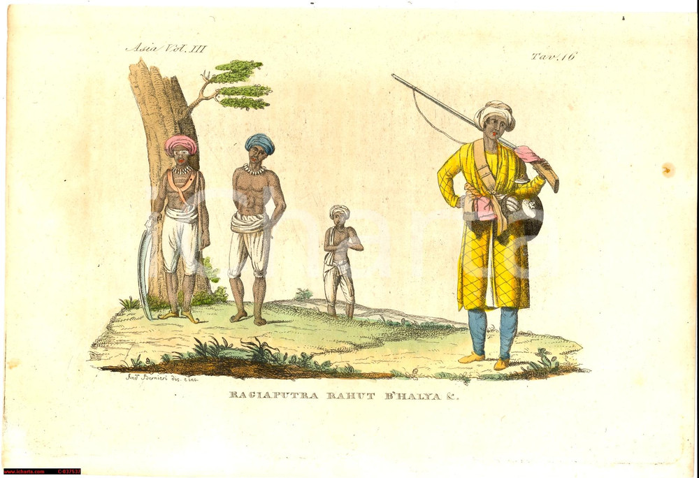 Stampa, bozzetto originale 1823 Incisione Andrea BERNIERI Ragiaputra Rahut ASIA 1